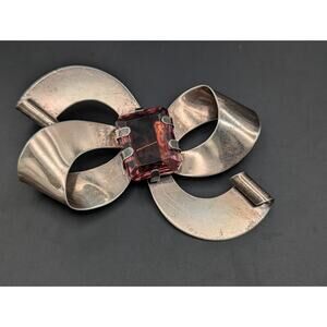 Vintage 1940s Sterling Silver Bow Brooch Pink UV Reactive Stone Green Glow 35g
